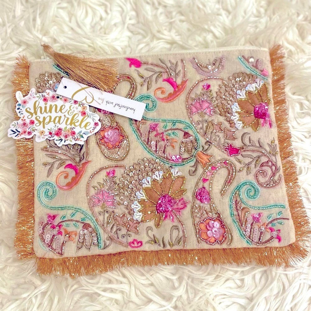 Beaded and embroidered makeup bag